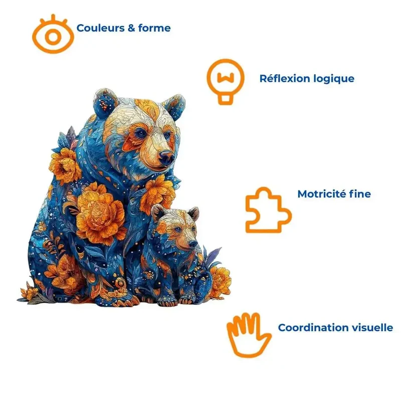 Puzzle Bois Ours Floral – Activité Sans Écran Enfant & Famille