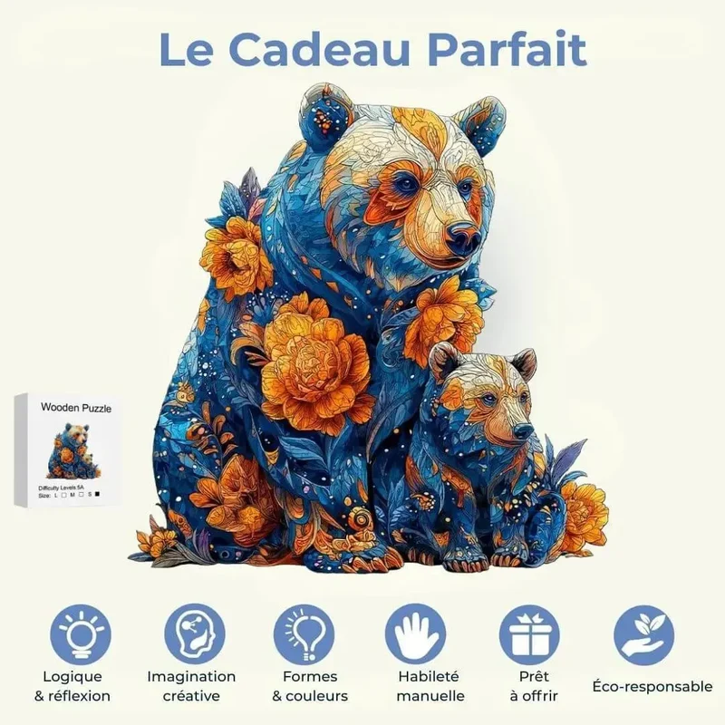 Puzzle Bois Ours Floral – Activité Sans Écran Enfant & Famille