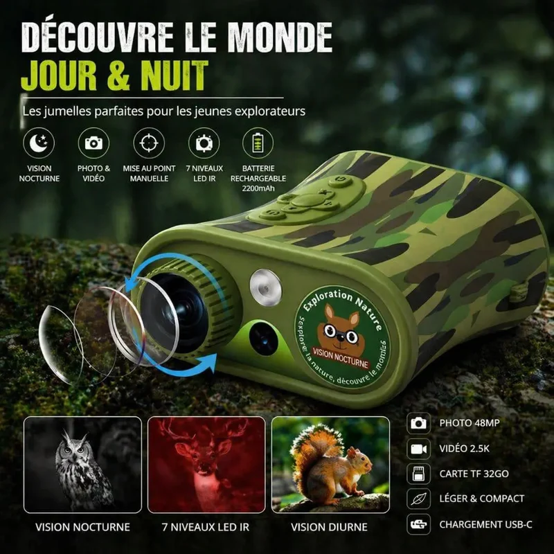 Lunettes Vision Nocturne Enfant – 48MP – 2.5K Vidéo