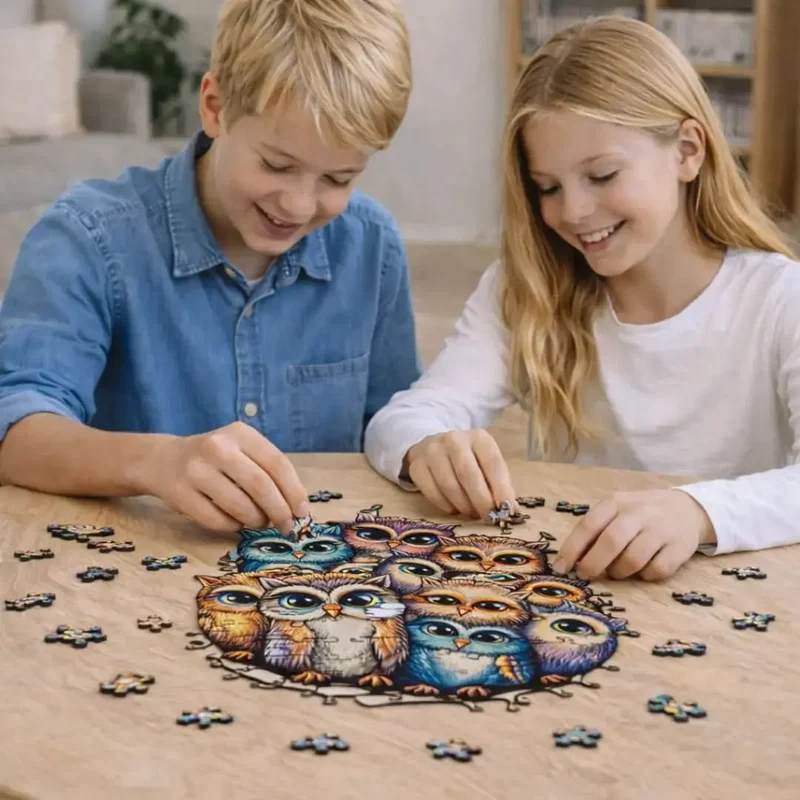 Puzzle Bois Hiboux Colorés