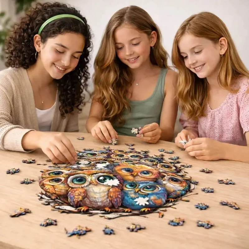 Puzzle Bois Hiboux Colorés