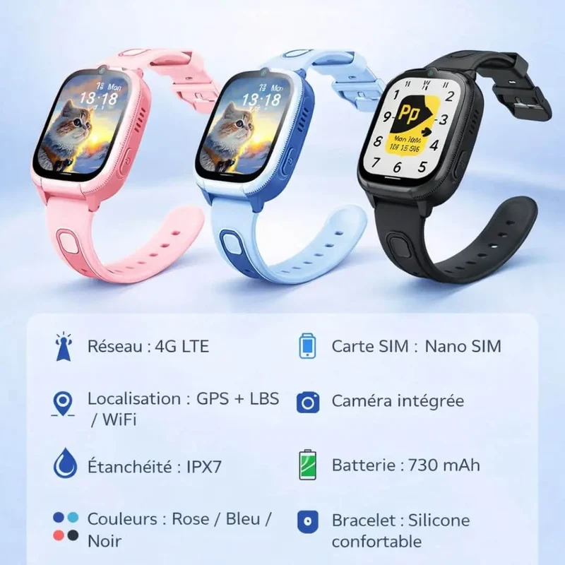 Montre 4G Enfant GPS HD – Appels Vidéo, SOS & Étanche IPX7