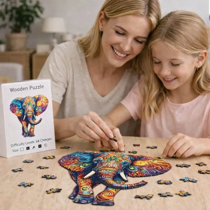 Puzzle en Bois Éléphant Coloré – ColorfulMind™