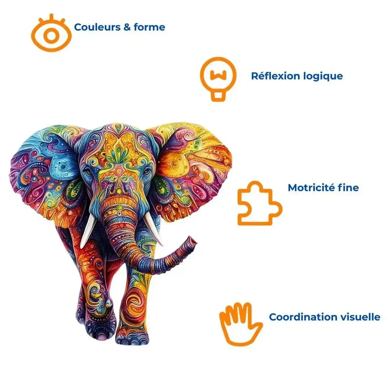 Puzzle en Bois Éléphant Coloré – ColorfulMind™