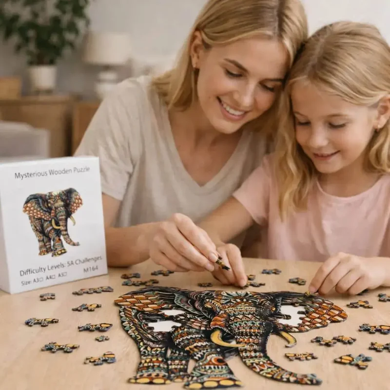Puzzle Bois Éléphant Artistique – SavannaSpirit™