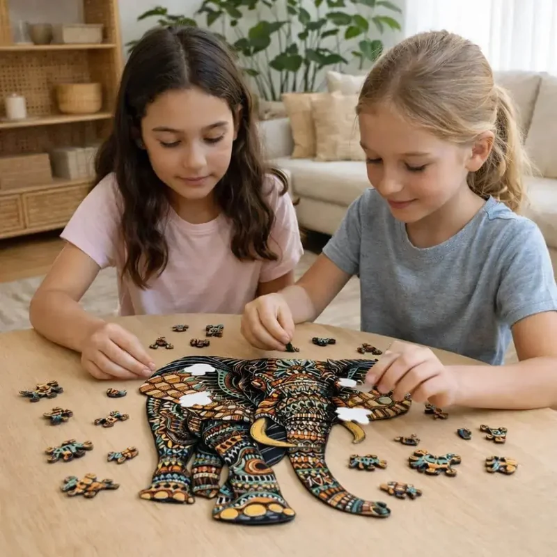 Puzzle Bois Éléphant Artistique – SavannaSpirit™