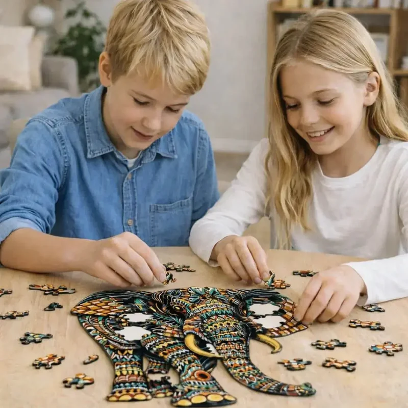 Puzzle Bois Éléphant Artistique – SavannaSpirit™