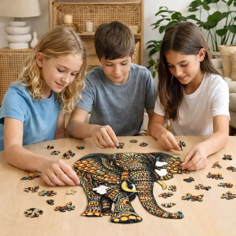 Puzzle Bois Éléphant Artistique – SavannaSpirit™