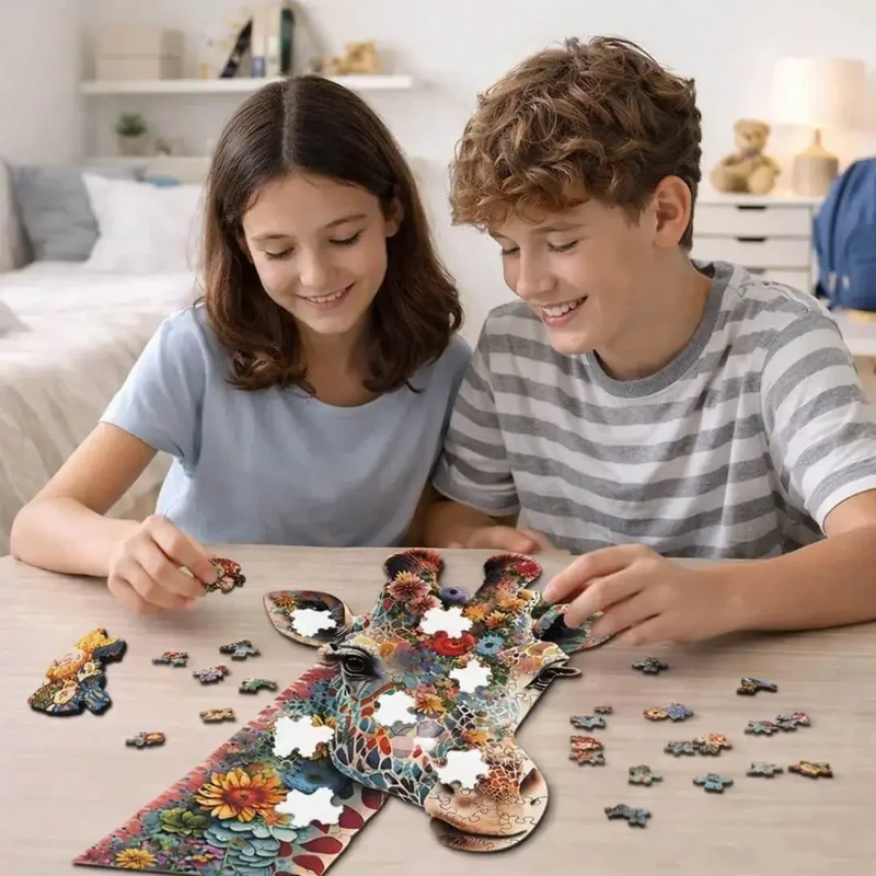 Puzzle en Bois Girafe Fleurie – Giraffika™