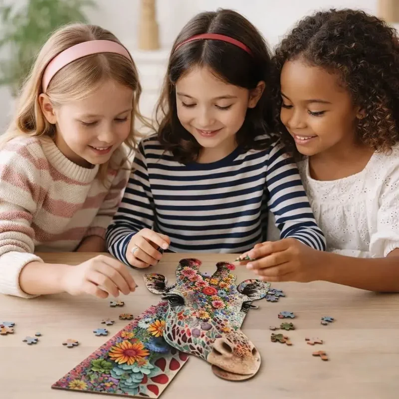 Puzzle en Bois Girafe Fleurie – Giraffika™