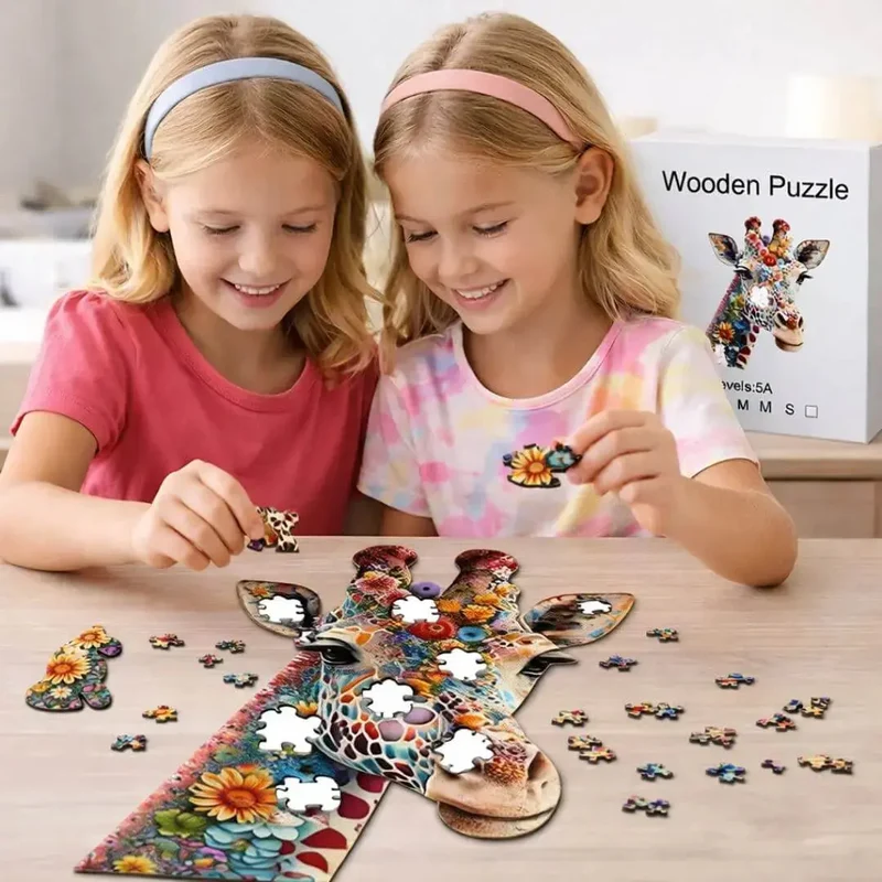 Puzzle en Bois Girafe Fleurie – Giraffika™