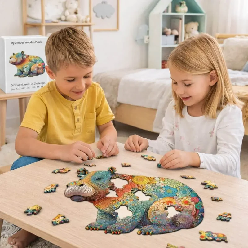 Puzzle en Bois Hippopotame Coloré – HippoPuzzle™