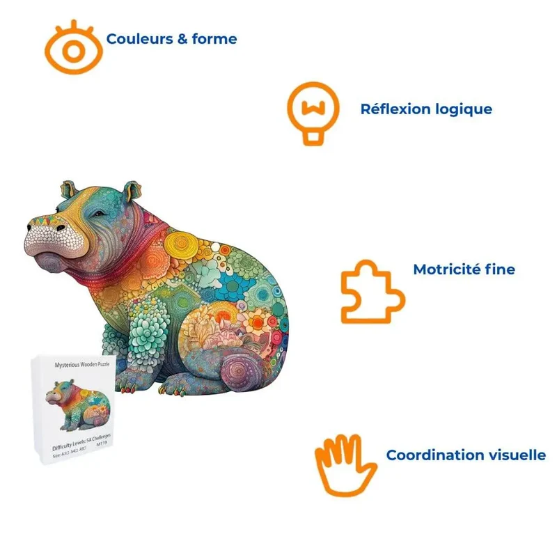Puzzle en Bois Hippopotame Coloré – HippoPuzzle™