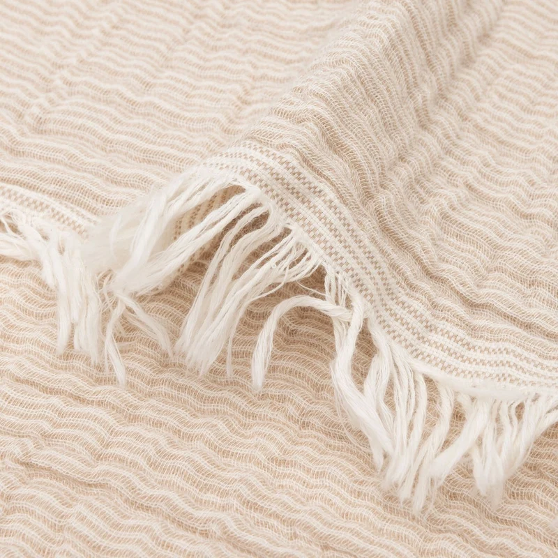 Couverture gaze de coton Fringe Stripe Biscuit Ivory