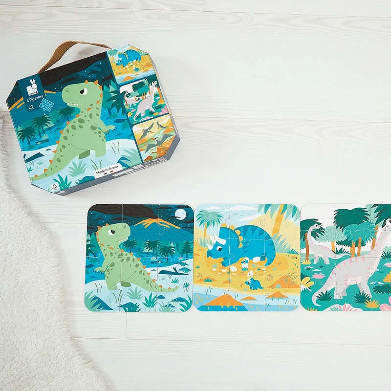 Janod - 4 Puzzles évolutifs dinosaures - 6 à 16 pièces - 2 ans+