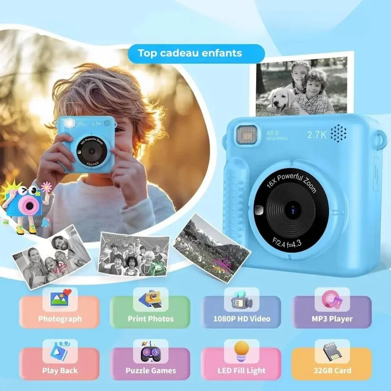Appareil Photo Enfant – Impression Thermique – PixiPlay™ Bleu