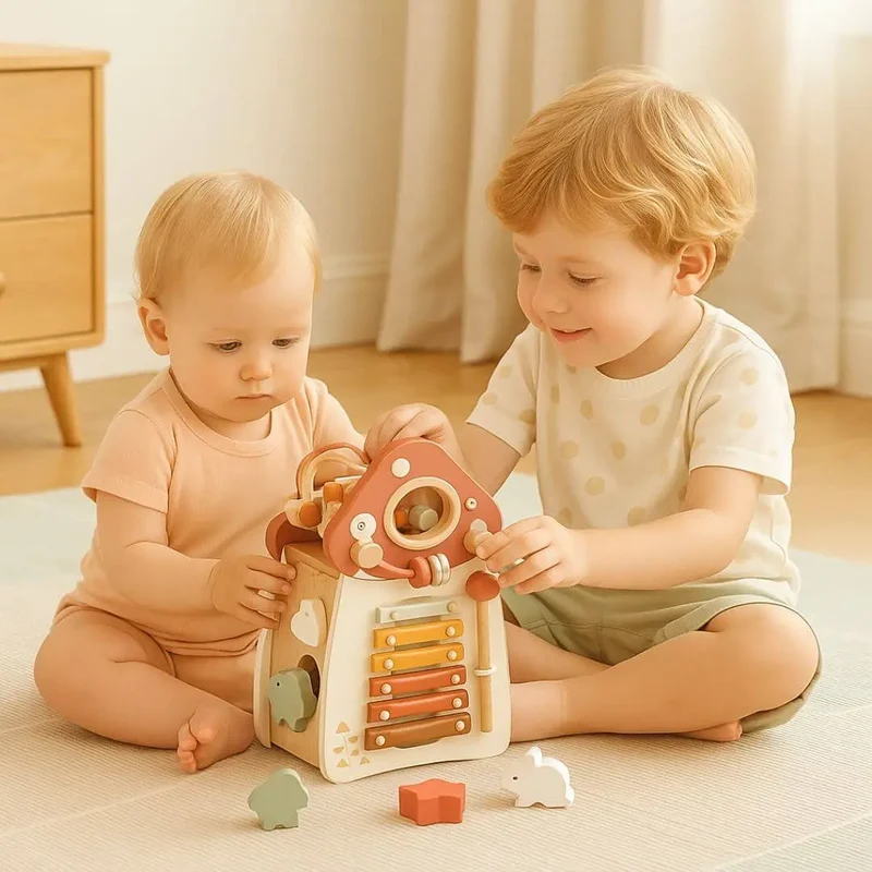 Jouet en bois – Cube d’activité Montessori Maison Champignon™