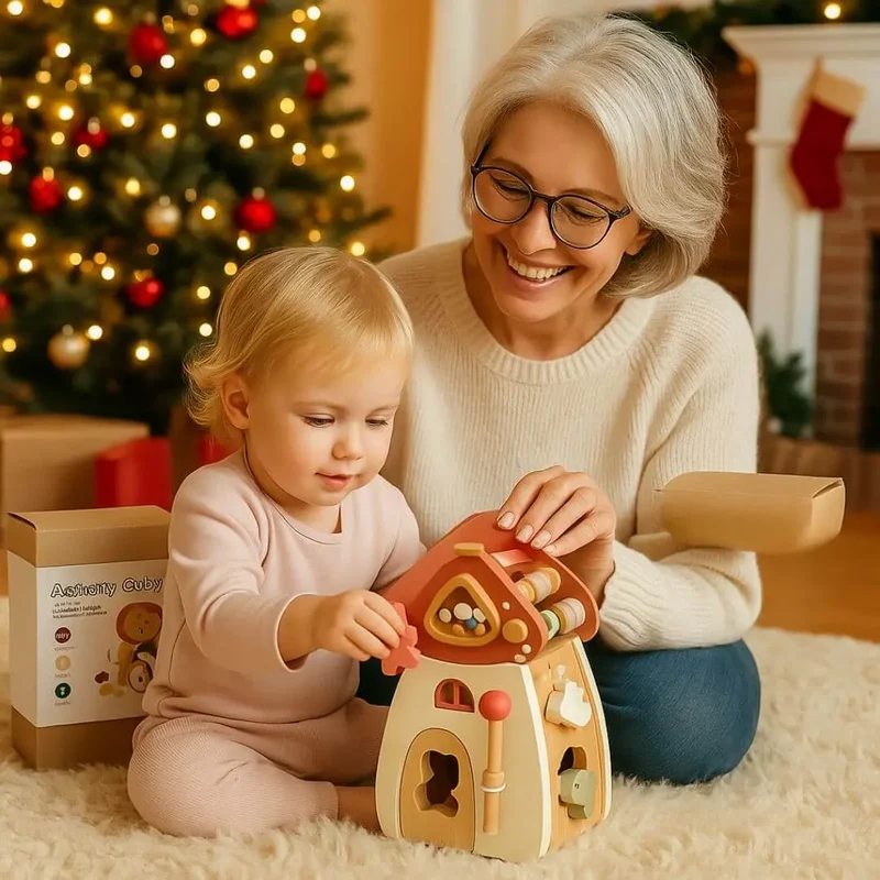 Jouet en bois – Cube d’activité Montessori Maison Champignon™