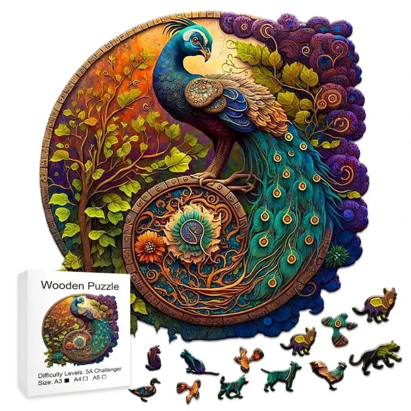 Puzzle Bois Paon Coloré – Plumio™