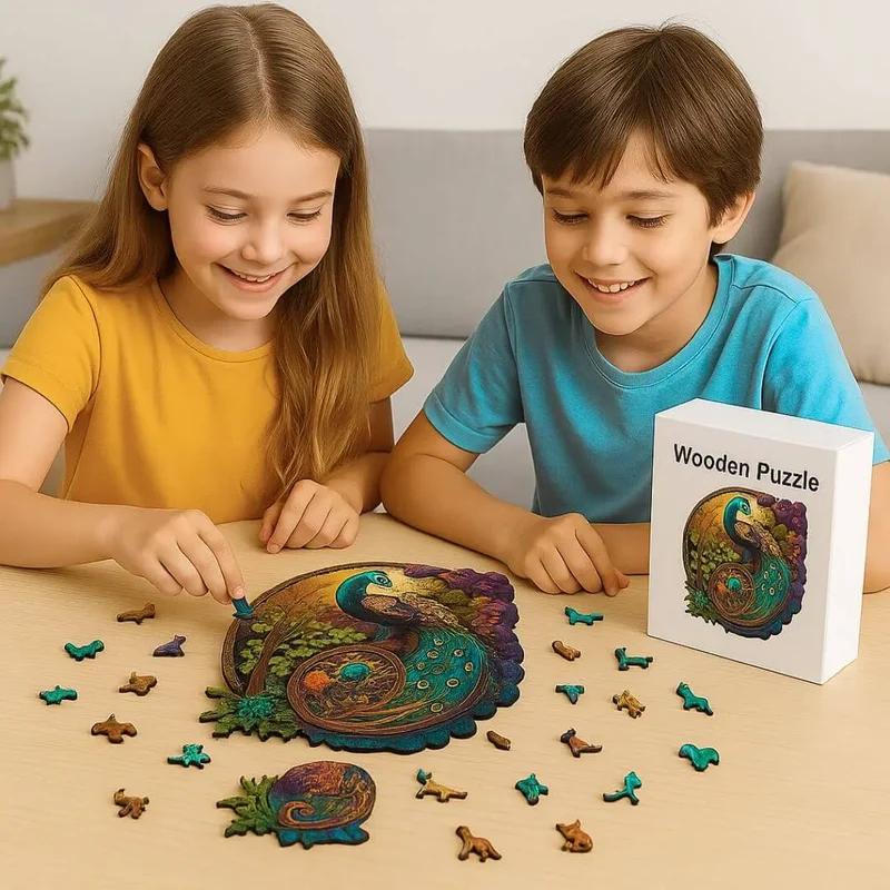 Puzzle Bois Paon Coloré – Plumio™