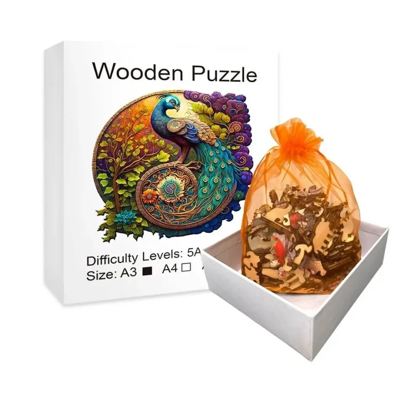 Puzzle Bois Paon Coloré – Plumio™