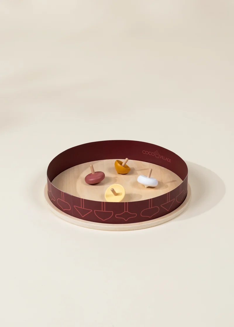 Set of 4 Wooden Spinning Tops with Arena