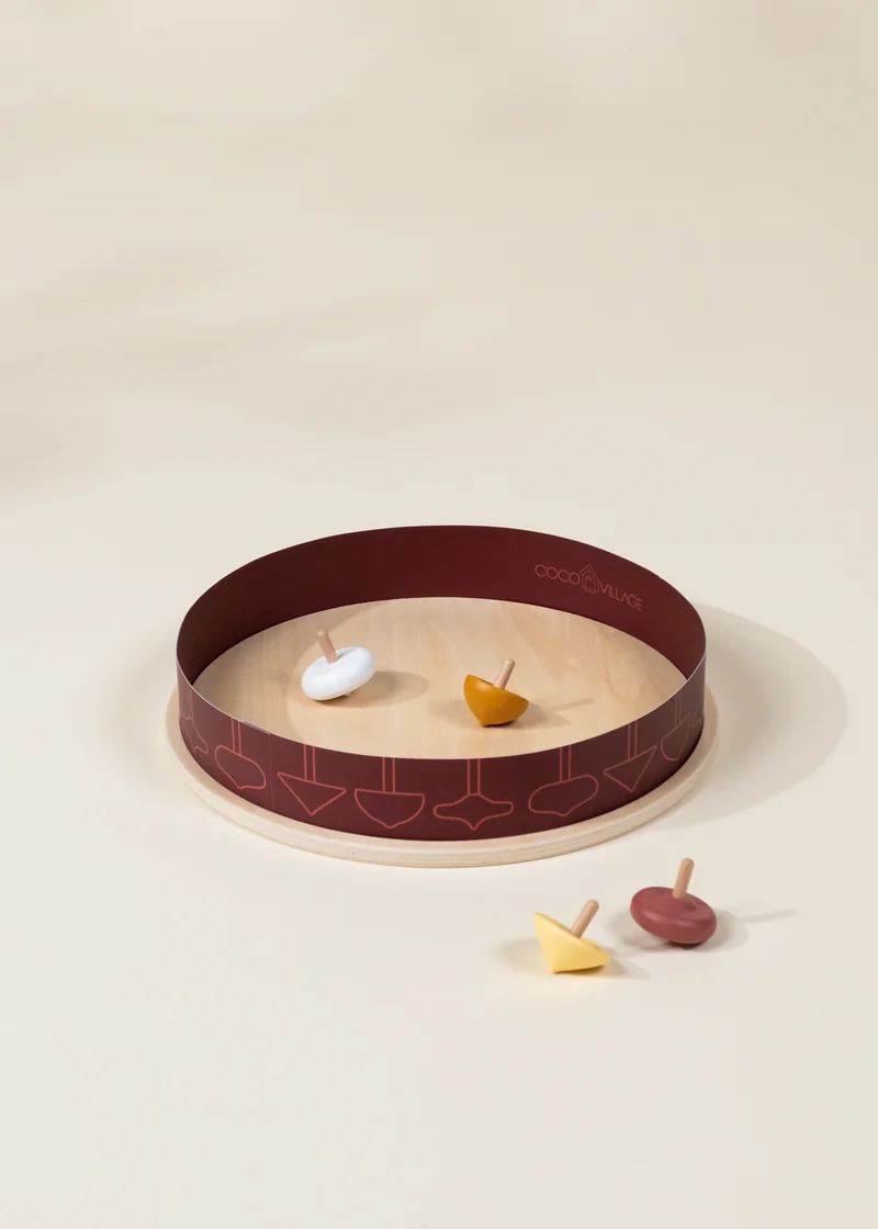 Set of 4 Wooden Spinning Tops with Arena