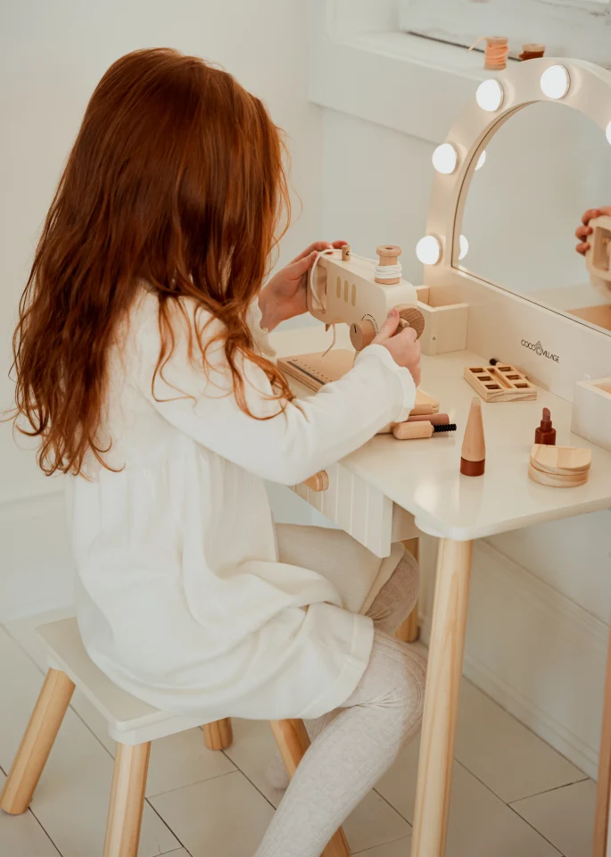 Wooden Play Vanity with Lighted Mirror & Stool