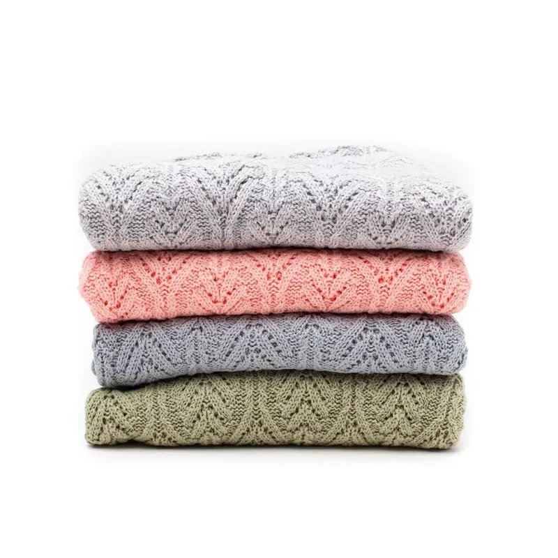 Couverture bébé tricot coton feuille gris